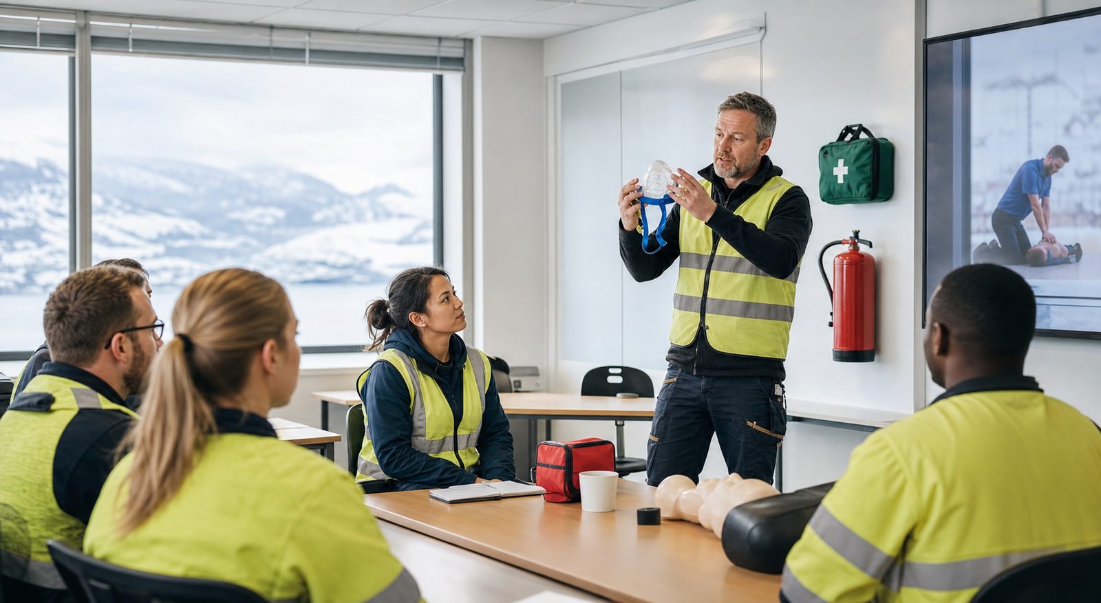 Kursleder som viser fram førstehjelpsutstyr for ansatte i arbeidstøy